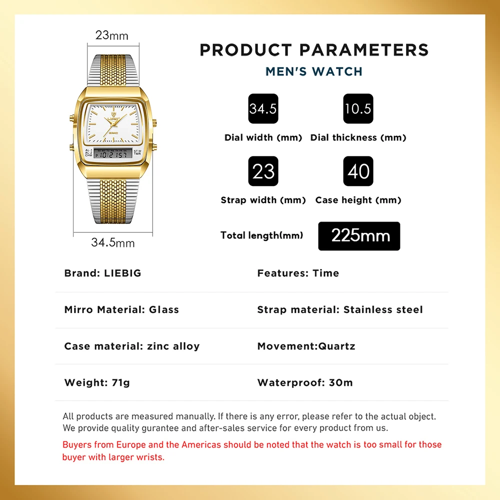LIEBIG أزياء رجال الأعمال ساعات كوارتز الرجال الرقمية المزدوجة الوقت أسبوع الذهب الرياضة 3bar للماء ساعات المعصم Relojes #6