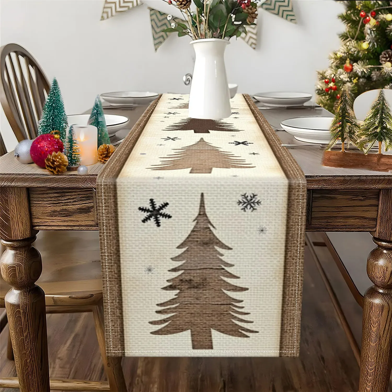 VIKAMA Christmas Pine Tree Table Runner, Adorned With Vintage Pine Trees And Snowflakes, Perfect For Holiday Home Decor.
