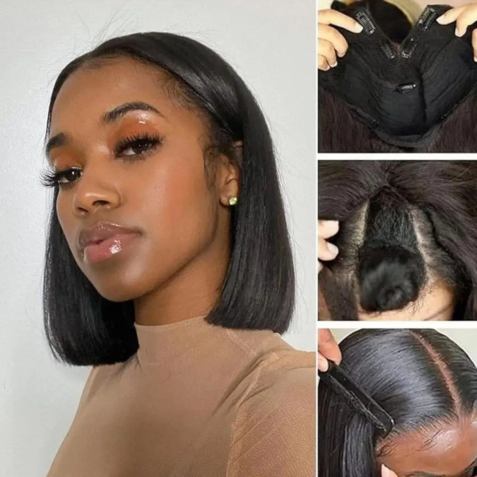 Straight V Part Short Bob Wigs No Glue 180% Density 100% Real Human Hair Straight Natural Color For Women Wigs Natural Color