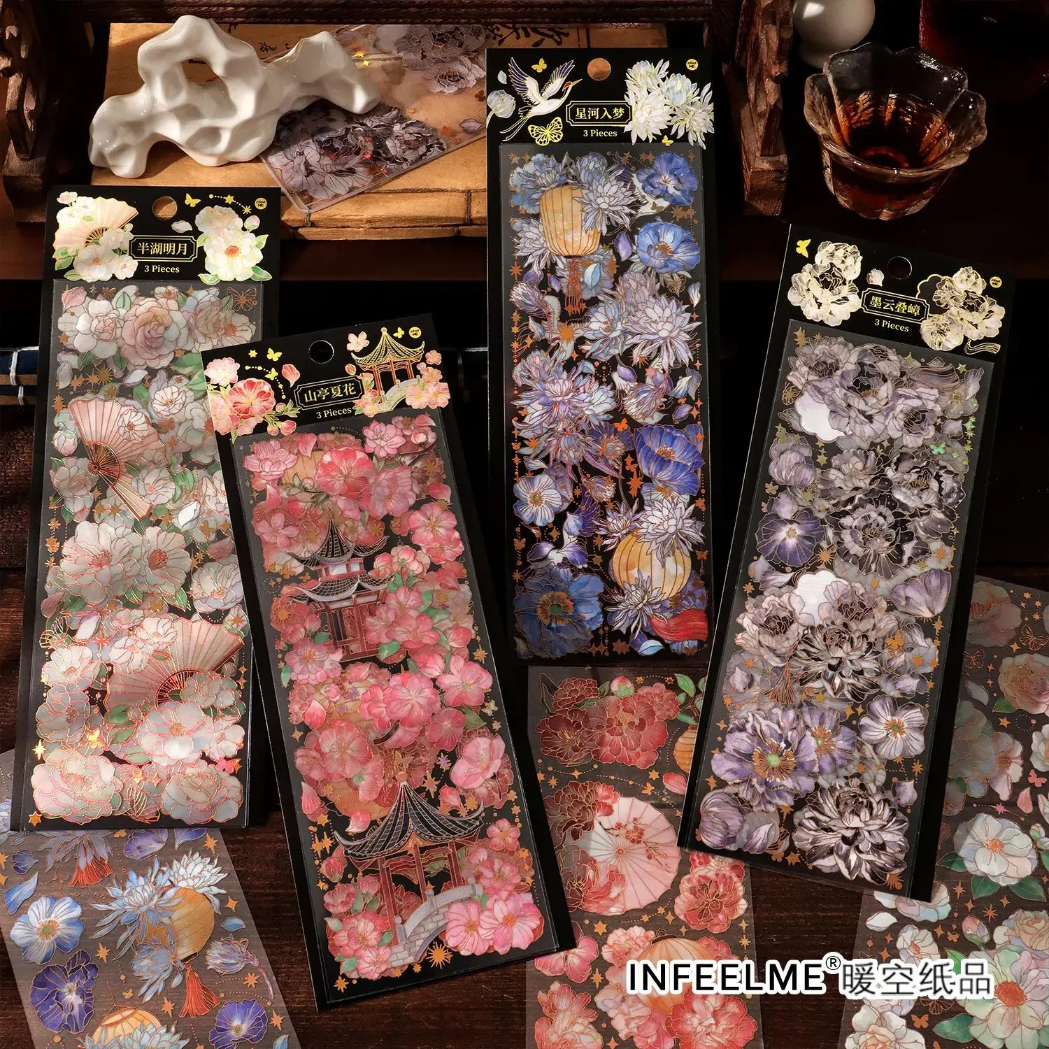 3 Sheets/pack Sky Light Flower Shadow Series 3D Color Hot Gilding PET Stickers China Retro Plants Scrapbook Decorations