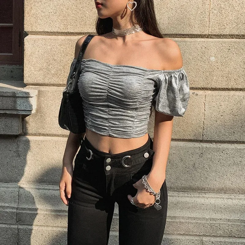 Women's Metallic Off Shoulder Puff Sleeve Ruched Crop Top Silver Shiny Party Clubwear view 3