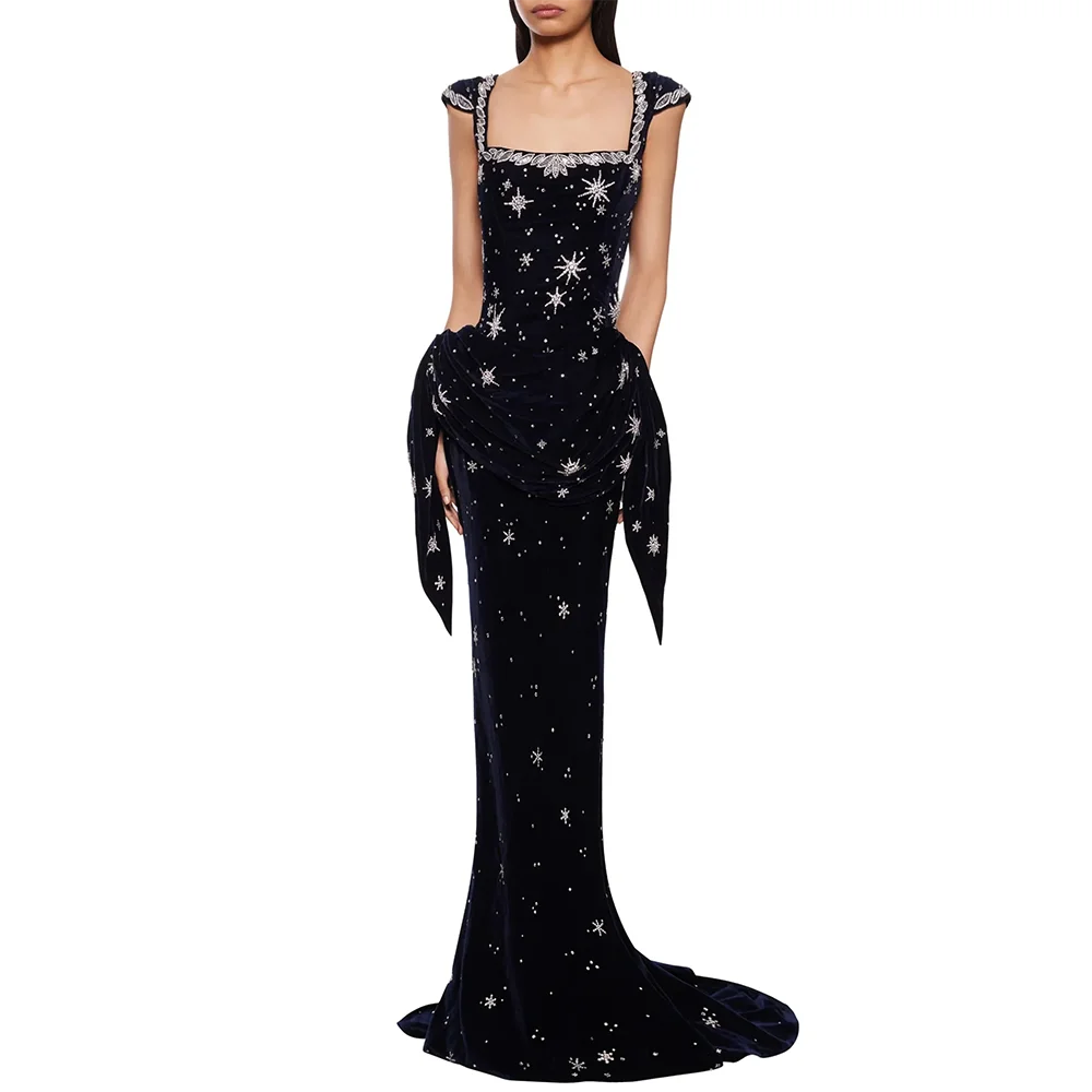 Funkelndes marineblaues Ballkleid mit quadratischem Ausschnitt, modisches rückenfreies Abendkleid, maßgeschneidertes formelles Partykleid im Meerjungfrau-Stil mit Kristallen