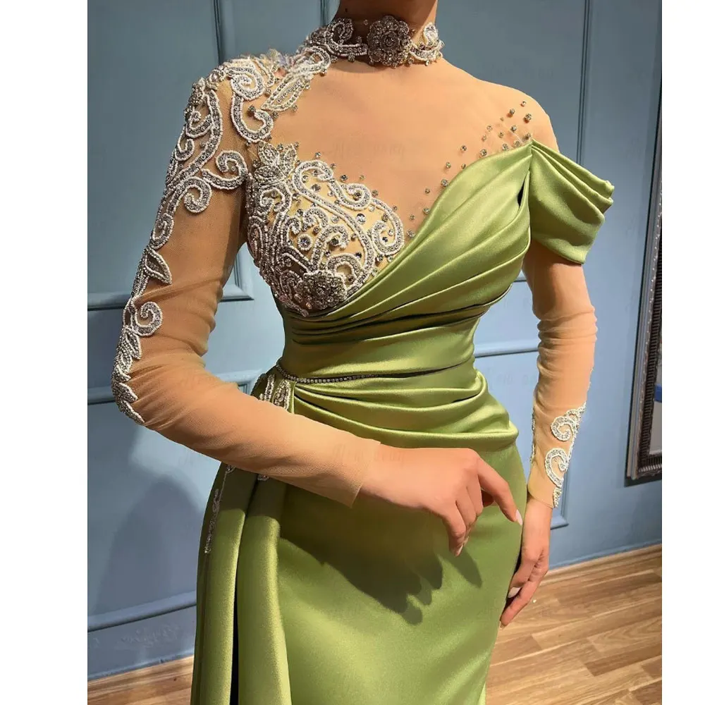 Sexy Green Mermaid Satin Evening Dresses Women Naked Neck Beaded See Through Long Sleeves Prom Gowns with Side Train Second Robe