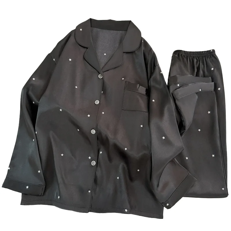 Piyama Sutra Hitam Bintang Sederhana Modis untuk Wanita Musim Semi dan Musim Gugur Lengan Panjang Longgar dan Pakaian Tidur Mewah untuk di Rumah