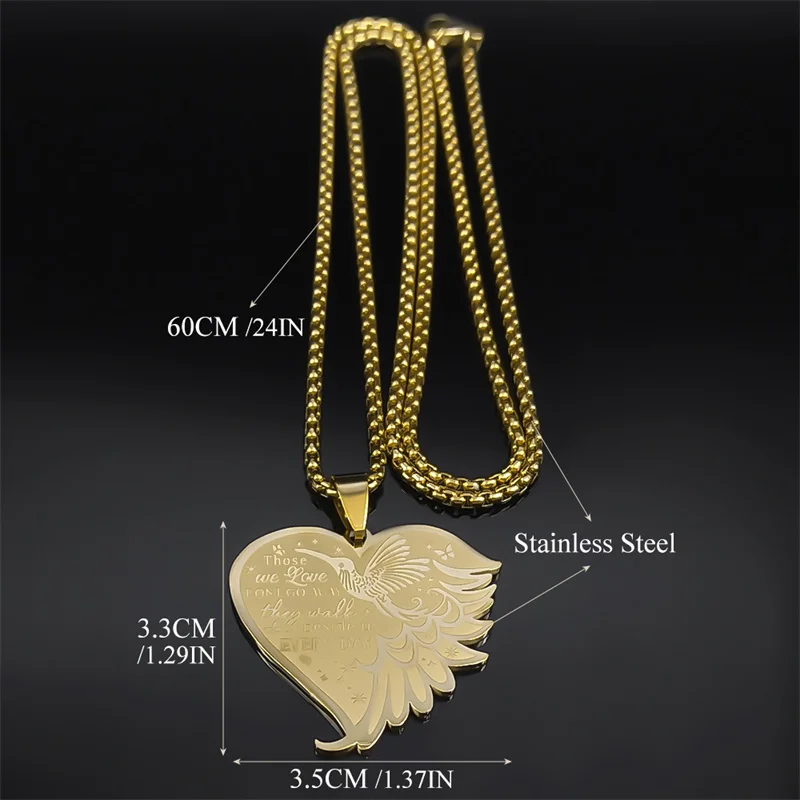 Aesthetic Hummingbird Wing Heart Necklace for Women Men Stainless Steel Those We Love Dont Go Away Chain Jewelry NZZZ545S02