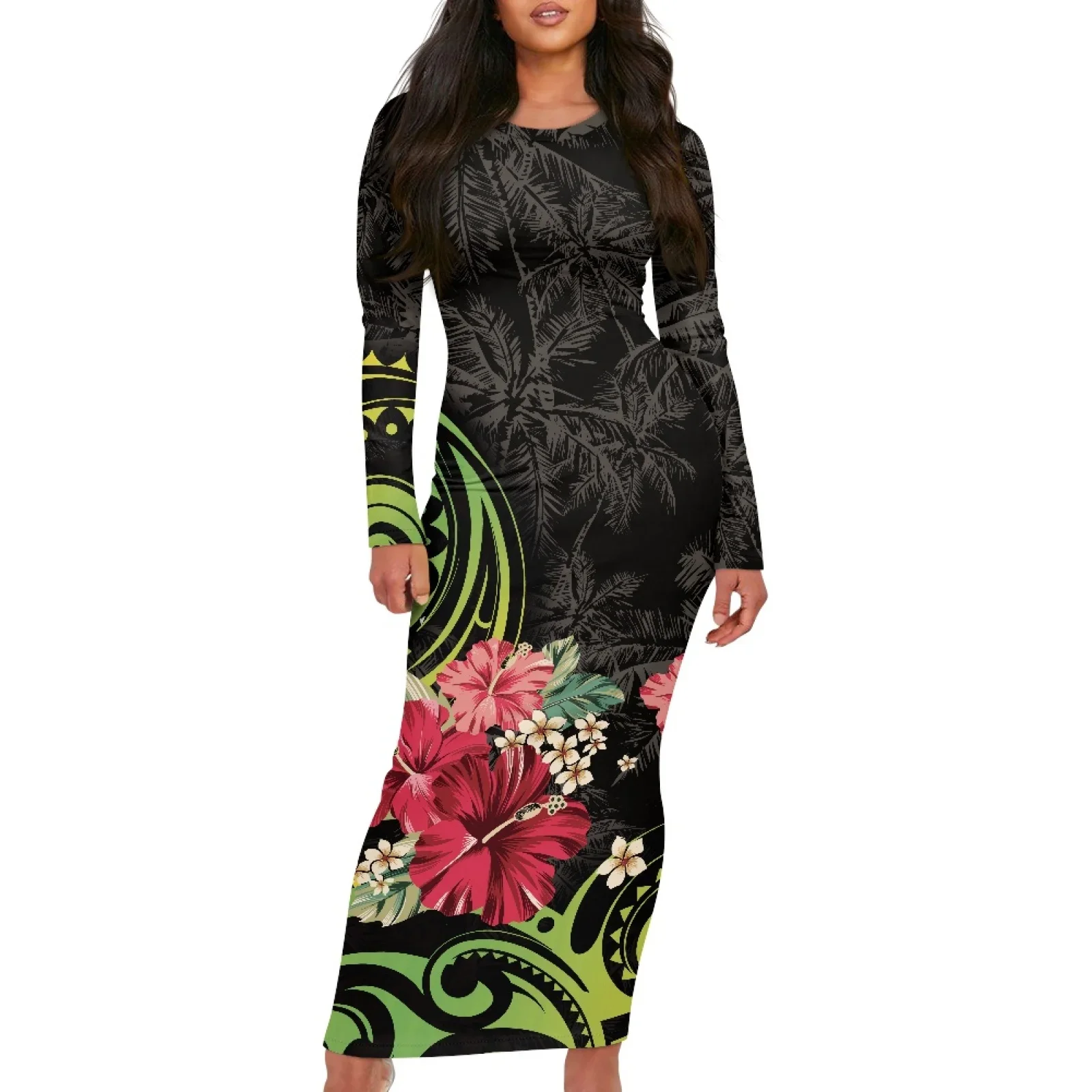 Polynesian Tribal Samoan Totem Tattoo Samoa Prints High Quality Lady Knitted Hibiscus Long-Sleeved Dress Temperament Long Dress