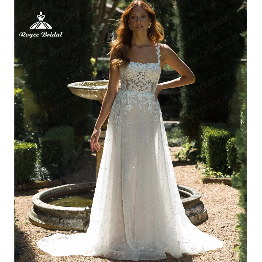 Roycebridal-vestido de novia de corte en A con cuello cuadrado, traje de boda con tirantes finos, corte en tren, 2025