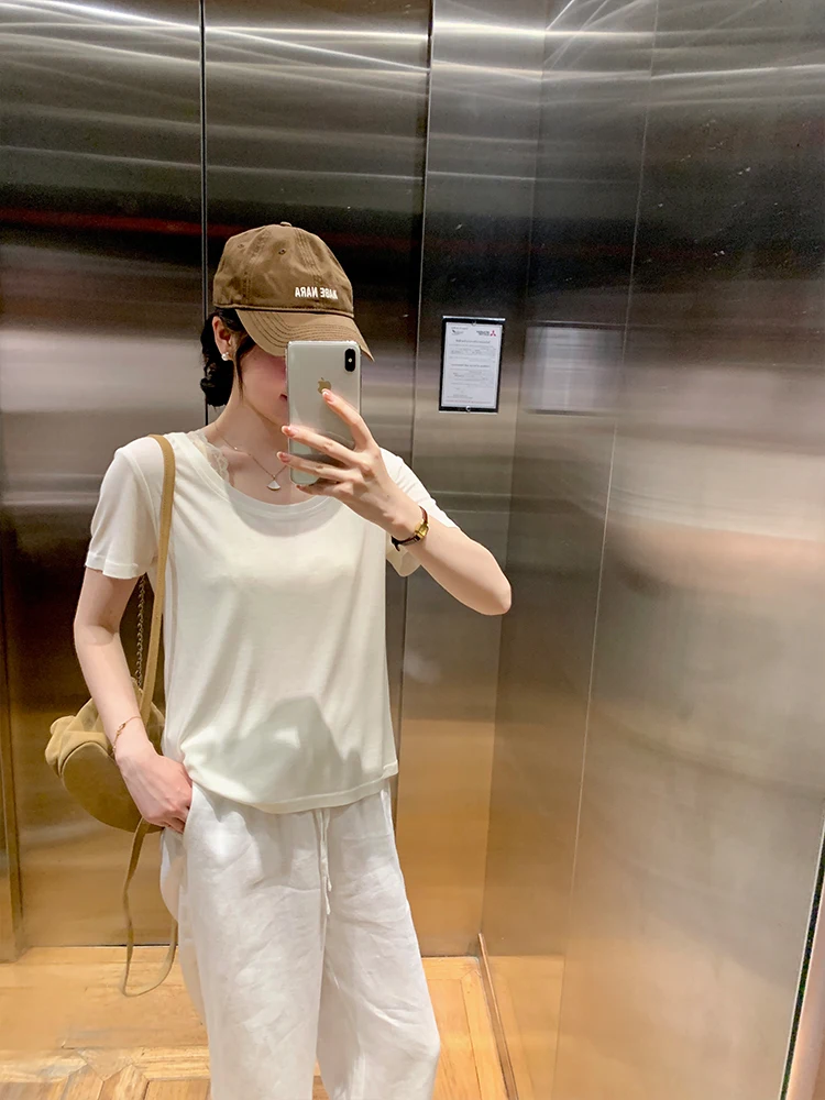 

Women's Lightweight ort Sve round Ne T-irt Pure Color Blend Silk Lyocell Polyester Spring Summer Breathable Casual Top