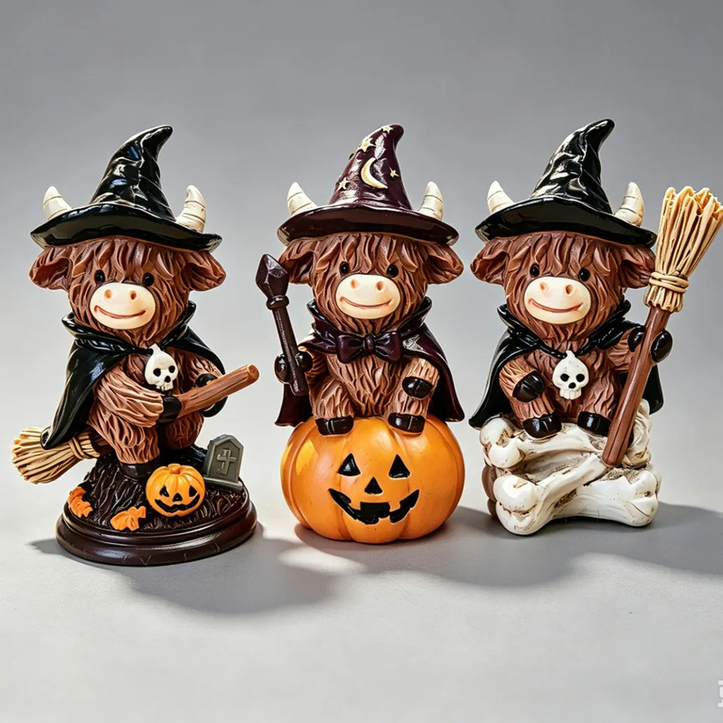 3Pcs Halloween Highland Cow Witch Figurines Set Resin Pumpkin Broom Statue Home Desktop Decor Spooky Cute Holiday Ornament Gift