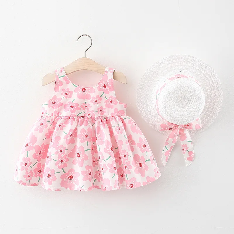 2Piece Summer Newborn Girls Clothes Princess Dress Fashion Cute Flowers Big Bow Sleeveless Cotton Baby Dresses Kids Set BC1539-1