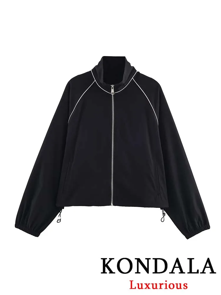 

KONDALA винтажные повседневные шикарные черные однотонные женские куртки с круглым вырезом на молнии и длинными рукавами, короткие пальто, модные осенние праздничные куртки 2025 года