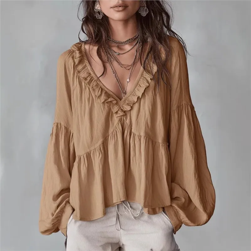 Vintage Women's Blouses Boho Casual Sweet Fungus Hem Puff Sleeve Pleated Loose Deep V-neck Long Sleeve Shirt Tops Women Clothing