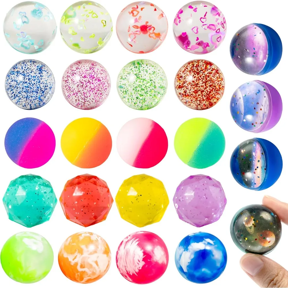 

24 PCS Multistyle Bouncy Balls, 6 Styles 32mm Assorted Bouncy Balls Bulk with Storage Bag, Bounce Toys for Kids Party Favo