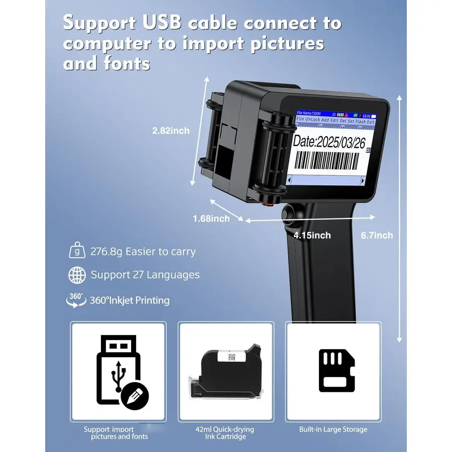 طابعة نافثة للحبر، طابعة رموز الدفعة لرقم صورة وقت QRCode، طابعة تاريخ صغيرة مع خرطوشة حبر سريعة الجفاف سعة 42 مل لـ Ma #5