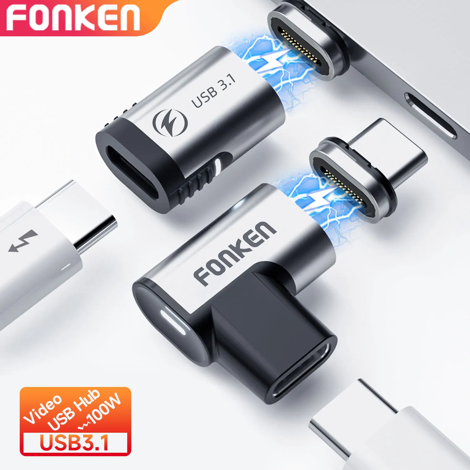 FONKEN Usb 3.1 C Magnetic Adapter 100W Type C Cable To Usbc 24-Pin 10Gbs Data Transfer 4K Video Monitor for Macbook Connector