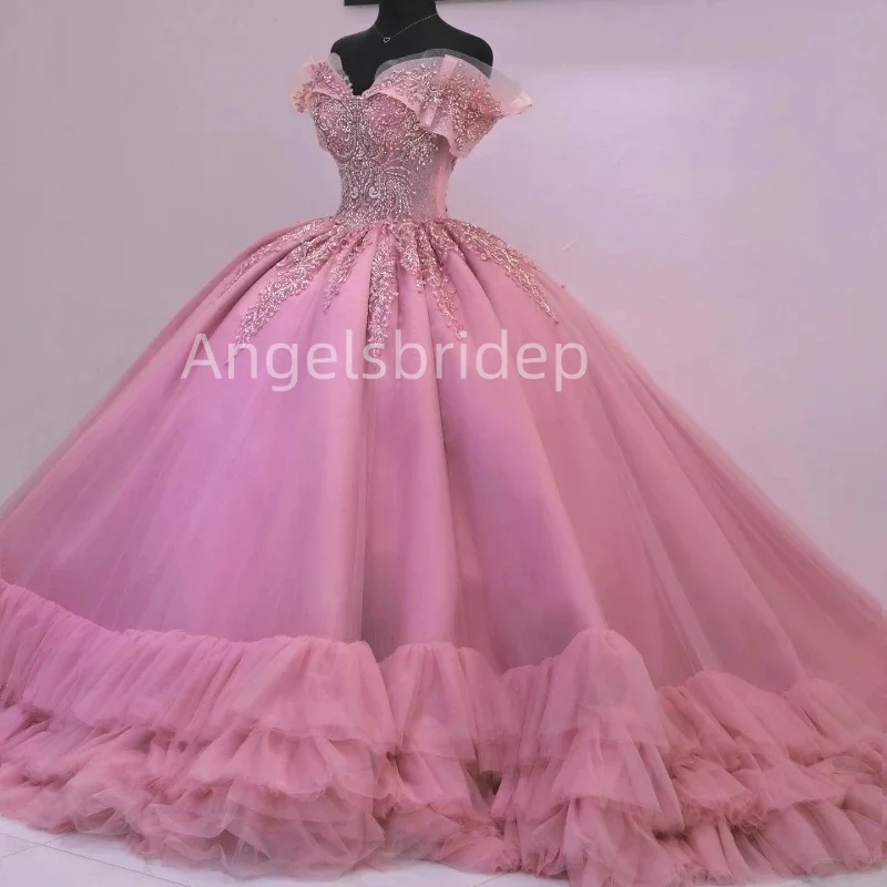 

Angelsbridep Vestidos 15 Años Quinceañera Pink Ball Gown Quinceanera Dress With Beading Ruffle Off Shoulder Party Dresses