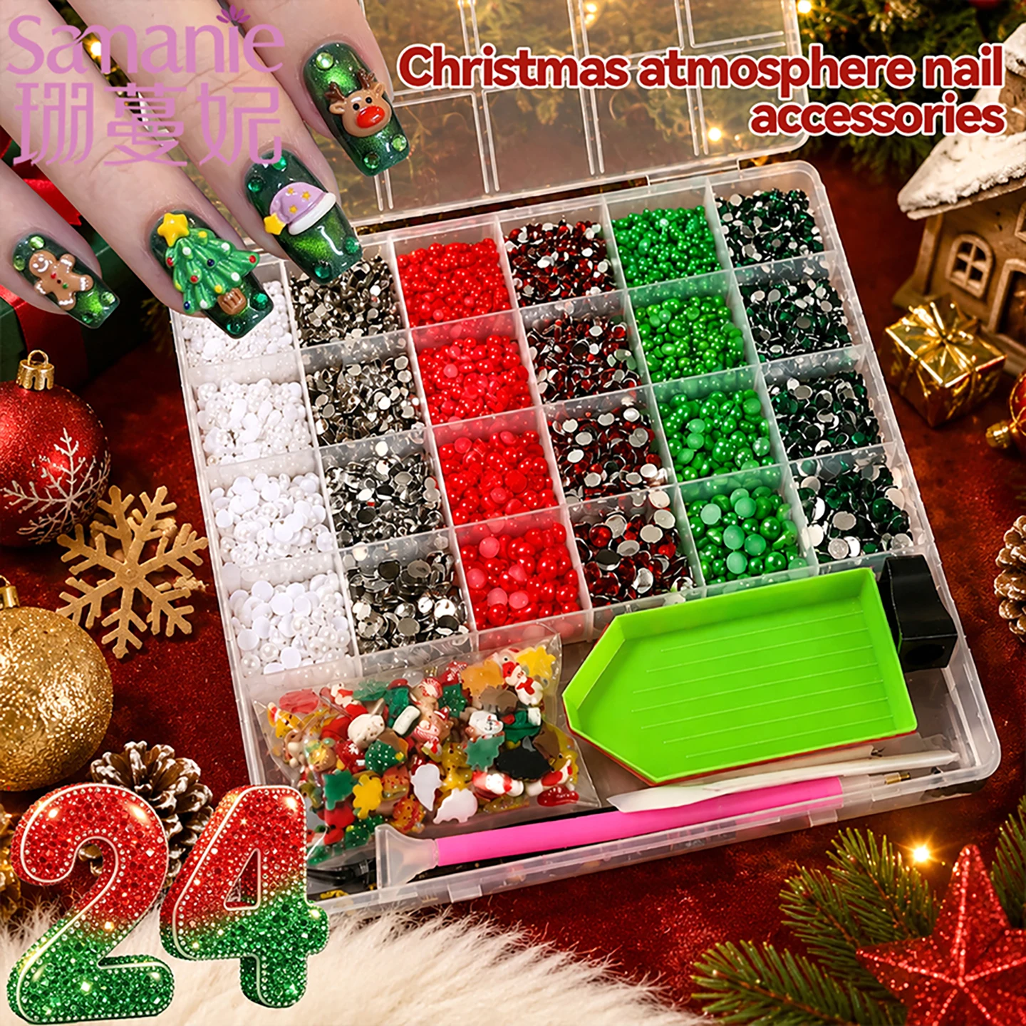 SANANIE 24 Grids 3-6mm Flatback Colorful Rhinestones Pearl Nail Art Charms Kit 3D Mix Christmas Series DIY Nails Decor Tools Set