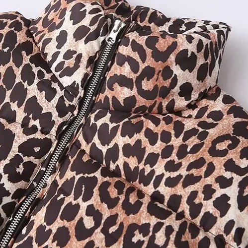 معطف الخريف والشتاء النسائي الأوروبي الجديد بطباعة الفهد سترة قطنية بياقة واقفة