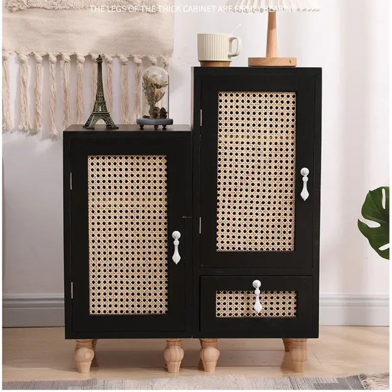 Modern Bedside Table Solid Wood Rattan Woven Storage Cabinet Multi-functional Sofa Cabinet Bedroom with Drawers Home Furniture