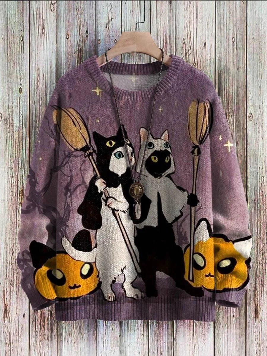 Halloween-Schloss, schwarze Katze, Geist, Retro-Kunst, 3D-Druck, Herren-Strickpullover, Winter, Unisex, lässiger Strickpullover. – Detail 10