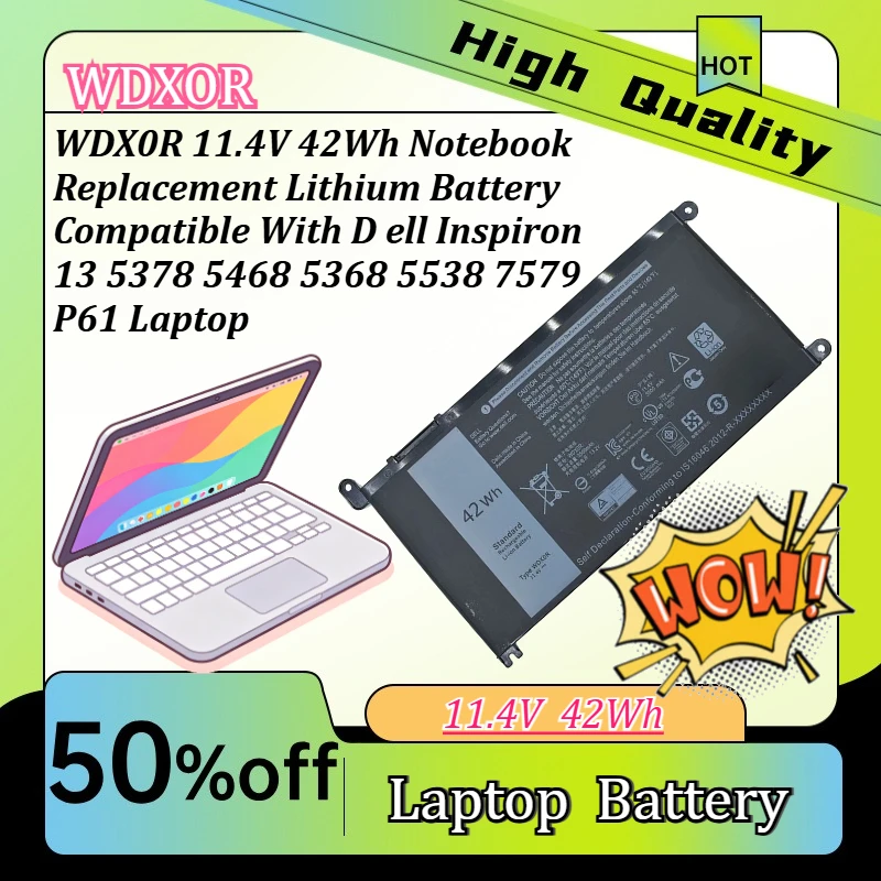 WDX0R 11.4V 42Wh Notebook Replacement Lithium Battery Compatible With D ell Inspiron 13 5378 5468 5368 5538 7579 P61 Laptop
