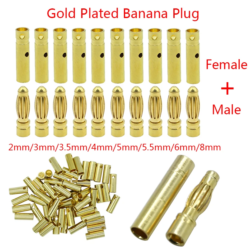 10pair 2/3/3.5/4/5/5.5/6/8mm Banana Connector Gold Bullet Banana Head Plug For Aircraft Lipo Battery RC ESC Motor Accessories