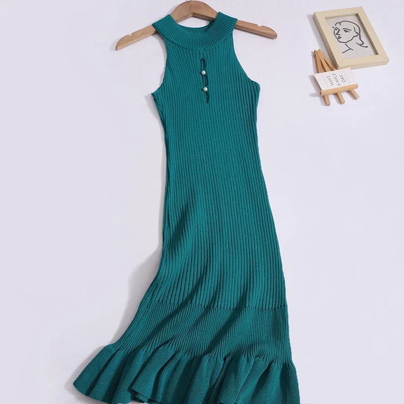 Cut Out Halter Summer Knitted Bodycon Sexy Dress O Neck Sleeveless Ruffled Party Sundress High Street Elastic Slim Short Dress