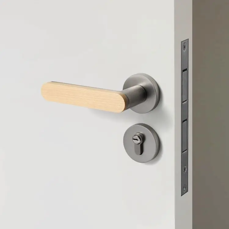 Magnetic Silent New Chinese Style Door Lock, Solid Wood Split Handle for Household Indoor Bedroom Doors