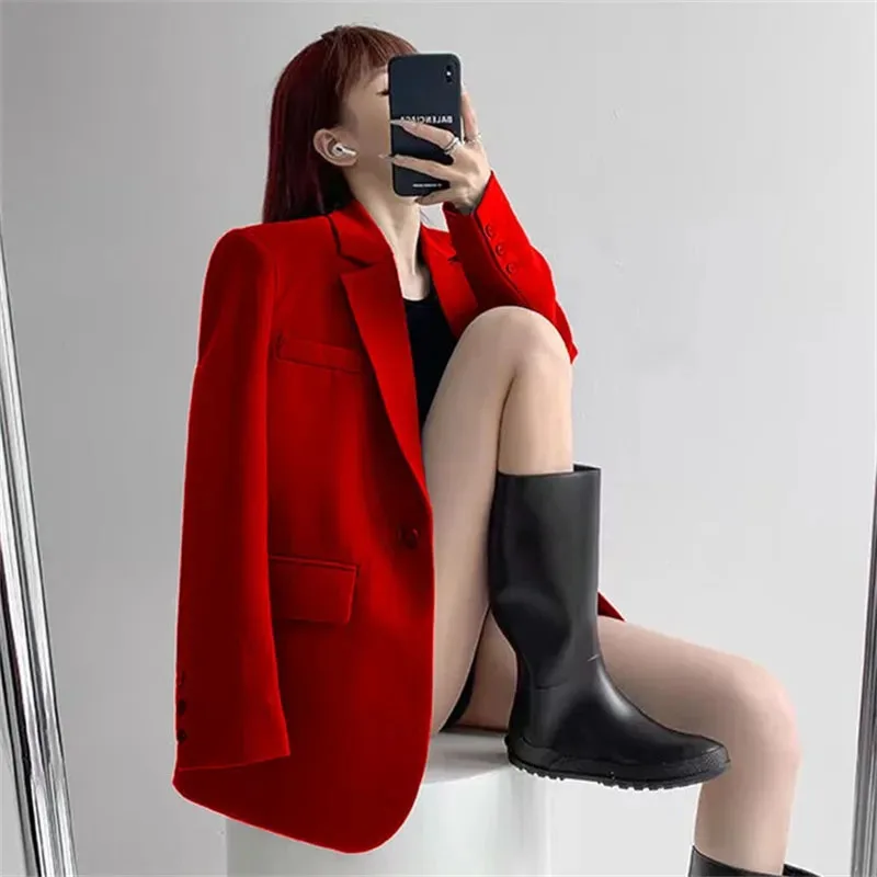 

Spring Autumn Women Leisure Suit Outwear Retro Ladies Long Sleeves Coat 2025 High-end Female Fashion Solid Color Blazer Jacket