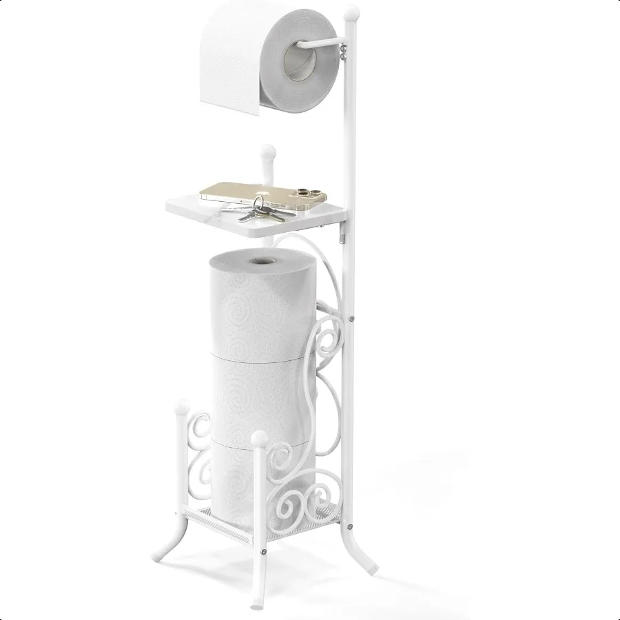 

Simple Houseware English Style Bathroom Toilet Tissue Roll Holder Stand with Shelf White