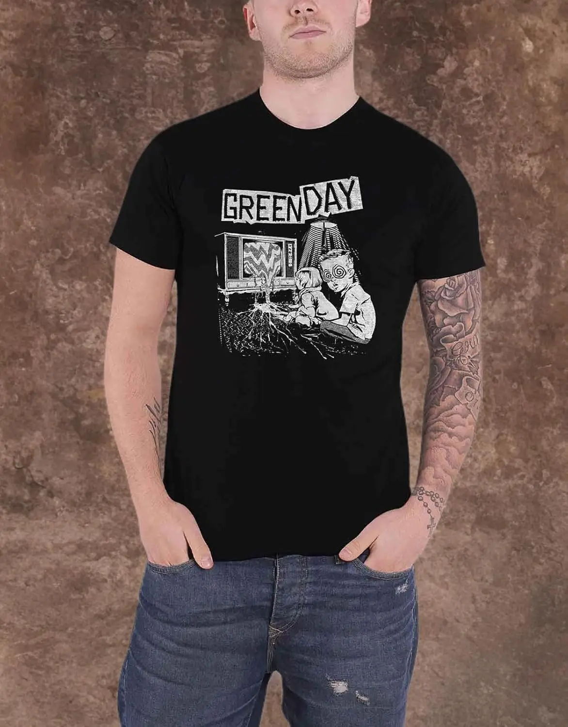 Rock Off منتجات مرخصة رسميًا Green Day T Shirt Tv Wasteland Band Logo الرسمي للرجال باللون الأسود