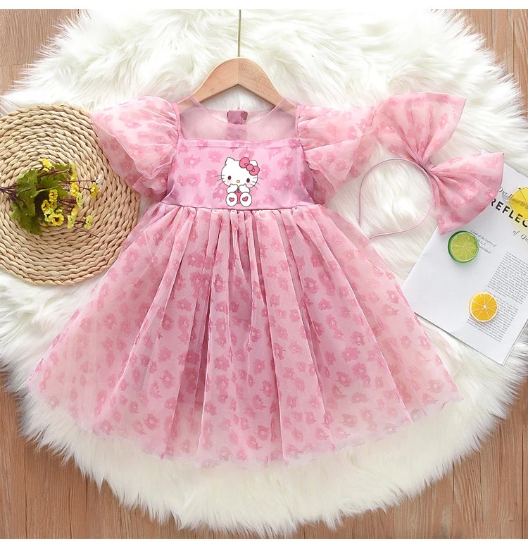 

New Sanrio Hello Kitty My Melody Children Dress Summer New Short-Sleeved Girl Princess Dress Cute Mesh Tutu Skirt Children Gift