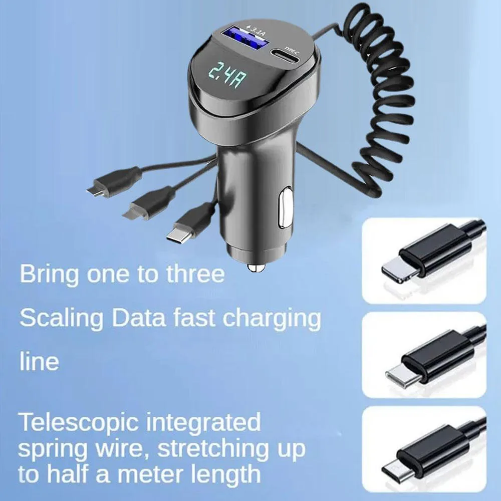 شاحن سيارة بشاشة رقمية USB من النوع C بقدرة 55 وات، محول شحن سريع للغاية مع كابل شحن قابل للسحب ثلاثة في واحد