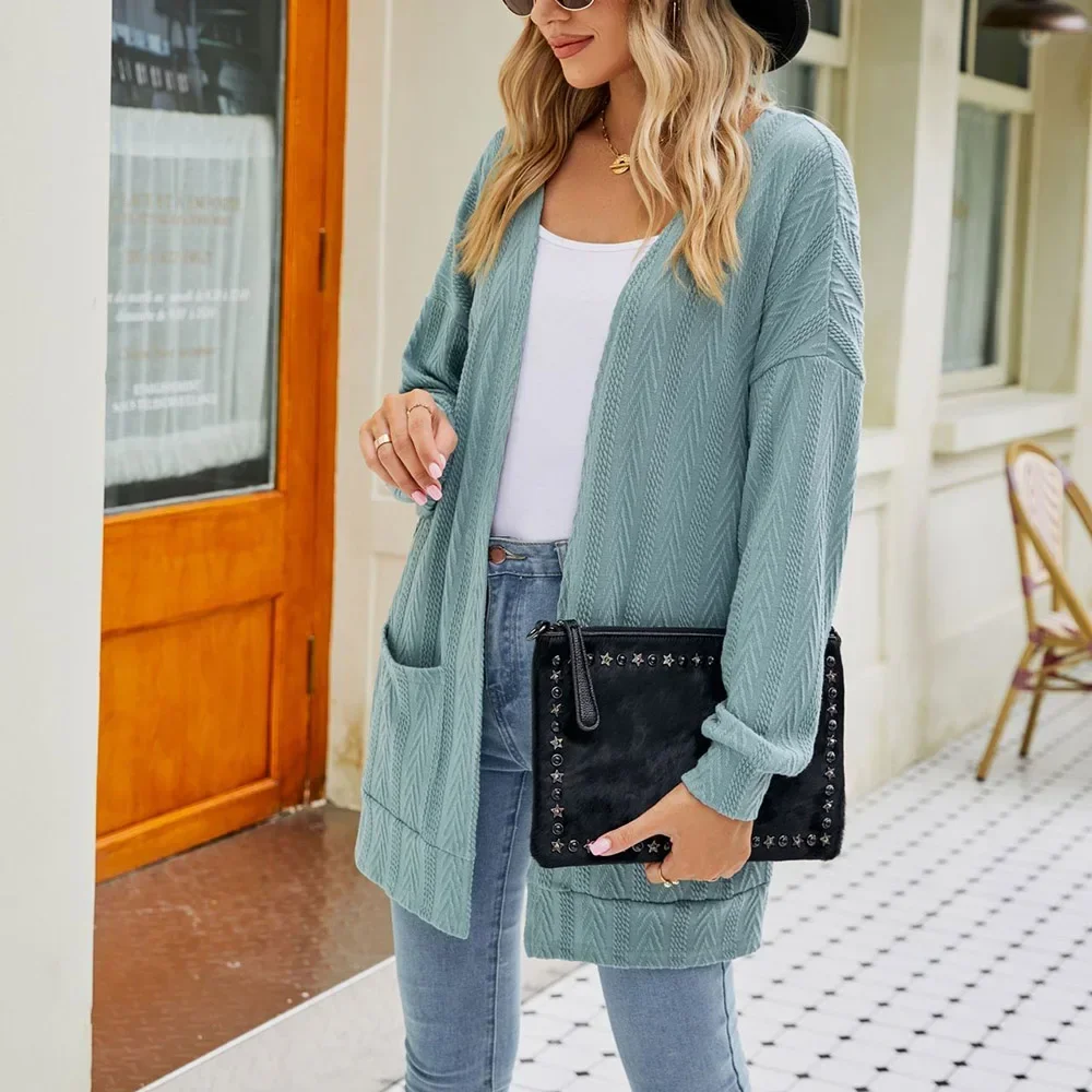 

Autumn Sweater Women's Coat Coarse Wool Line Pocket Knitted Cardigan Commuter Style Loose Medium Long Coat Casual