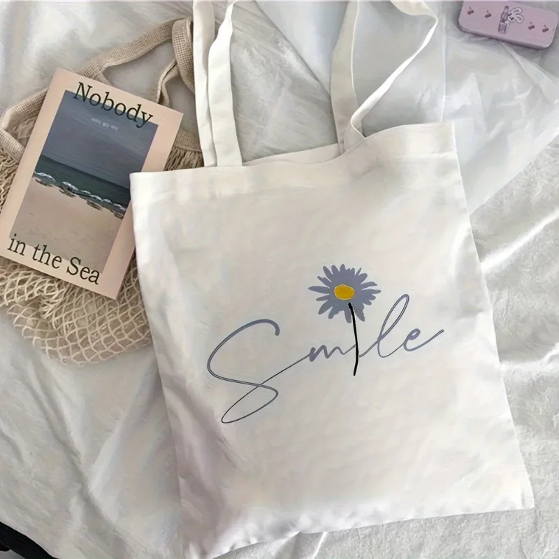 Daisy Smile Letter Print Canvas Tote Bag Women Reusable Shopping Shoulder Bag Floral Slogan Casual Daily Book Handbag