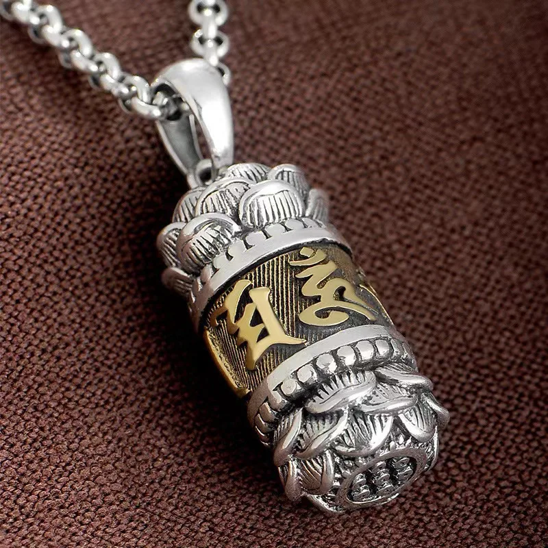 

S999 Sterling Silver Shurangama Pendant Locket Six Syllable Mantra Lotus Rotating Amulet