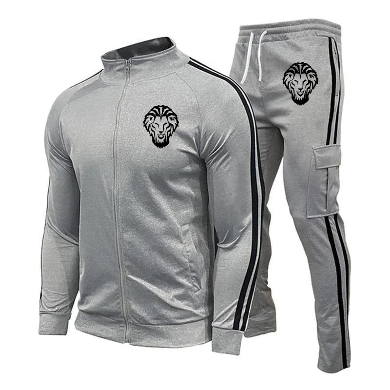 Fitness Running Sportswear Suit para homens, marca casual, design listrado de moda, estampa de leão, jaqueta masculina, vendendo