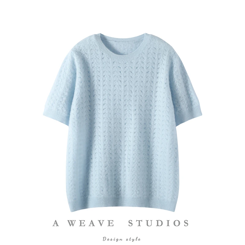 

Women's O-neck T-shirts 100% Cashmere Knitted Short Sleeve Pullover Spring Autumn Female Casual Hollow Out Cashmere Sweater