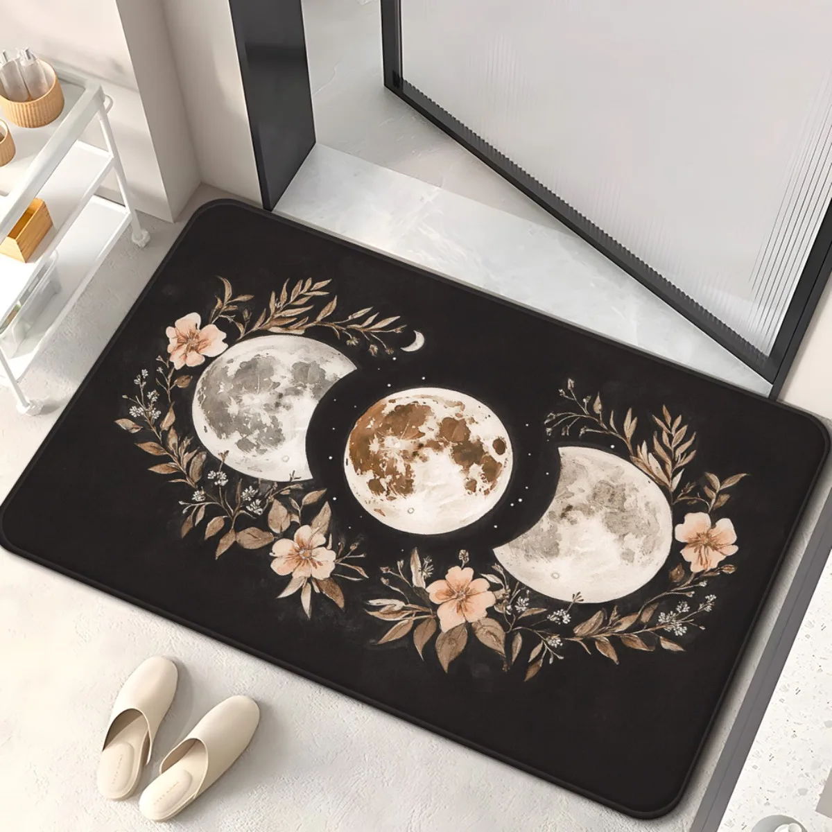 Peony Checkerboard Rectangle Door Mat Luxury Gold Frame Non-Slip Welcome Rug for Washroom Washstand Decor