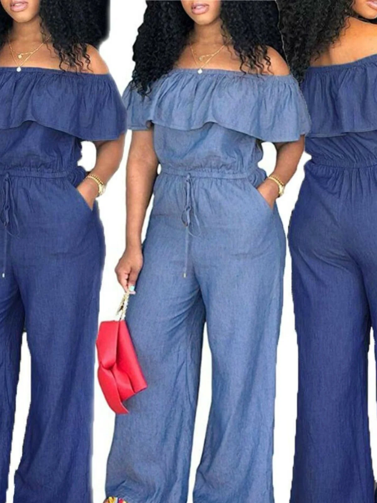 

Women's Straight Ne Denim Wide Leg Jumpsuit High Waist Street Sle Casual Pants Long Straight Tube High Waist Jeans