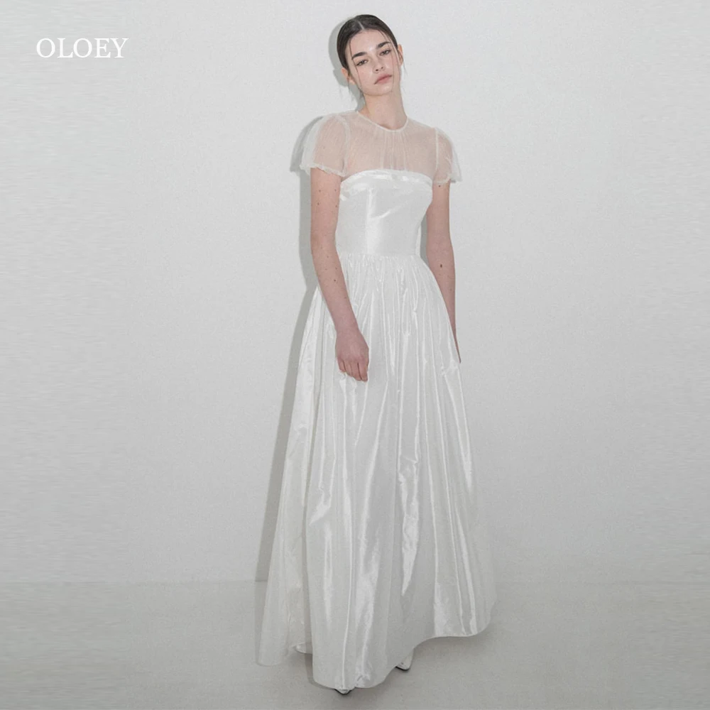 OLOEY Vintage Simple A Line Korea Wedding Dresses Short Sleeves O-Neck Taffeta Floor Length Bridal Gowns Party Photo shoot