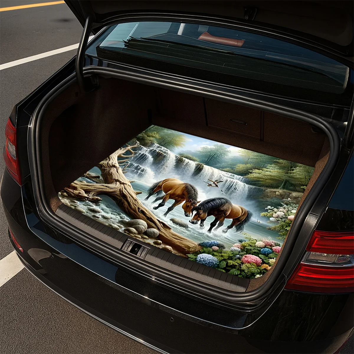 1pc Non-Slip Stylish Car Trunk Mat, Waterfall Galloping Horse Natural Scenery Pattern Design - Durable Material, Keeps Trunk Dry