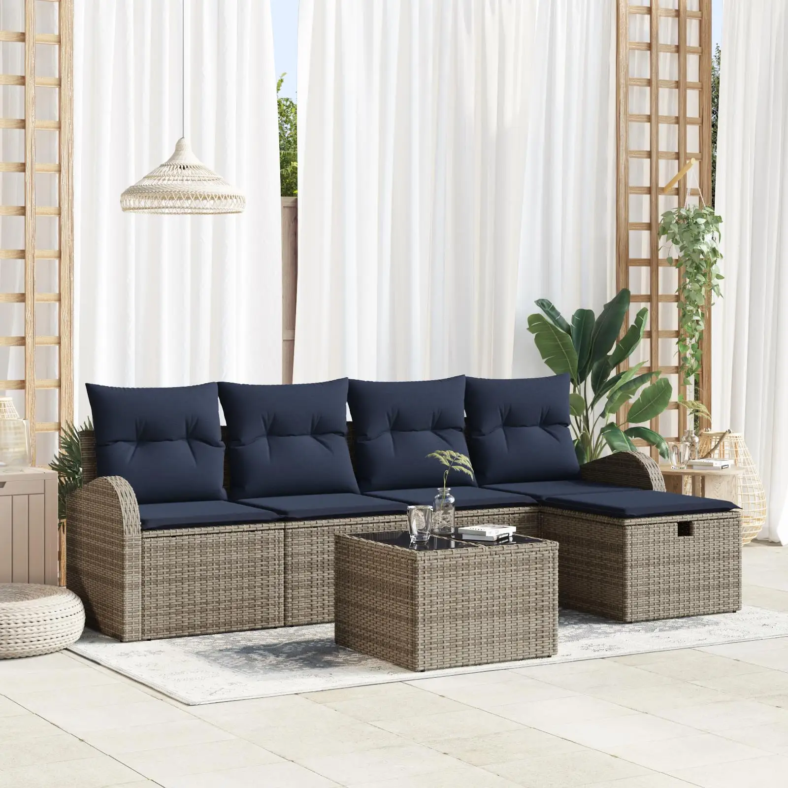 

Comfortable 6 Piece Grey Poly Rattan Garden Sofa Set with Soft Cushions Outdoor Patio Furniture