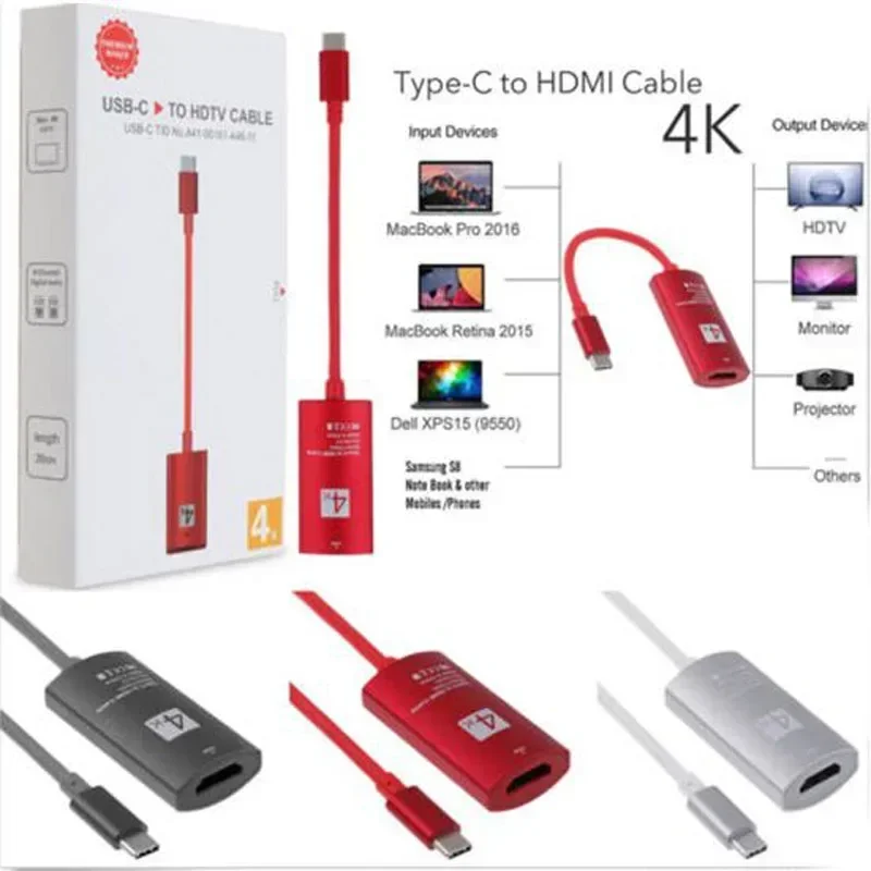 USB 3.1 Type C Male to HDMI-compatible Female 4K HDTV Adapter Cable USB-C to HDMI-Port for MacBook Samsung ChromeBook Huawei