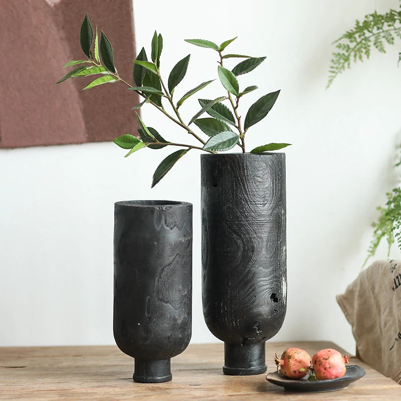 

zq Black Cylindrical Wooden Flower-Vase Japanese Zen Straight Flower Bed & Breakfast Living Room Entrance Decoration Ornaments