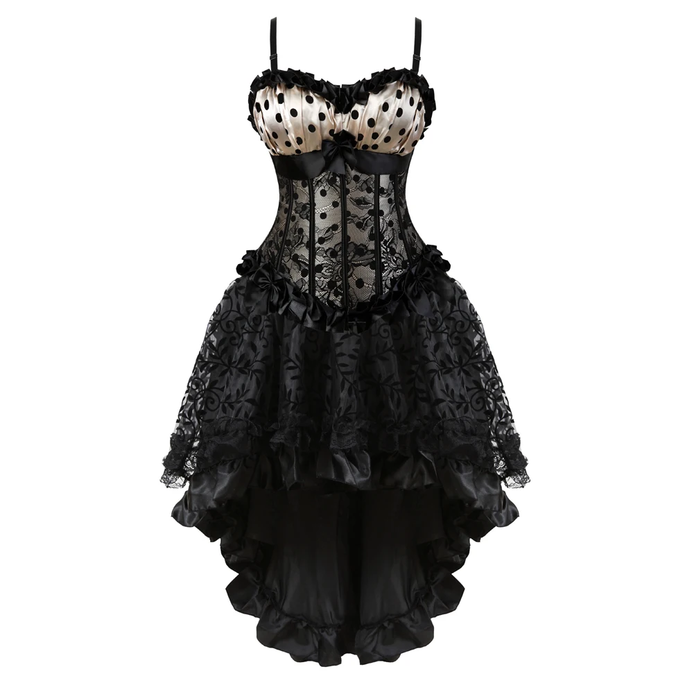 

Women Gothic Sexy Corset Dress Vintage Lace Trim Print Dot Cup Straps Corset Bustier Top With Asymmetrical Floral Skirt Set