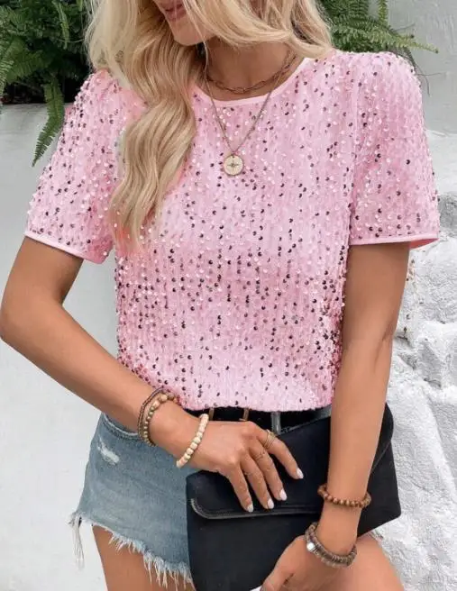 Top Frauen 2025, Frühling Sommer Neue Einfarbig Lose Fit Kurzarm Rundhals Pailletten Dekor Casual Täglichen T-Shirt Top