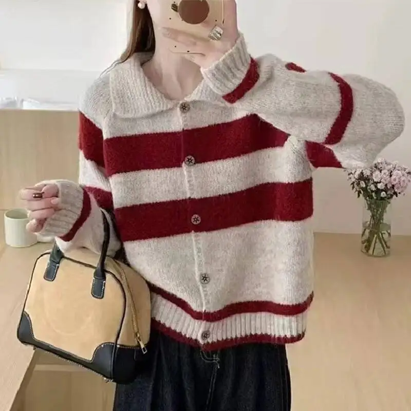 

Свитер с отложным воротником в полоску и принтом, кардиган, женские эластичные вязаные пальто Haruku, осенние модные кардиганы контрастного цвета