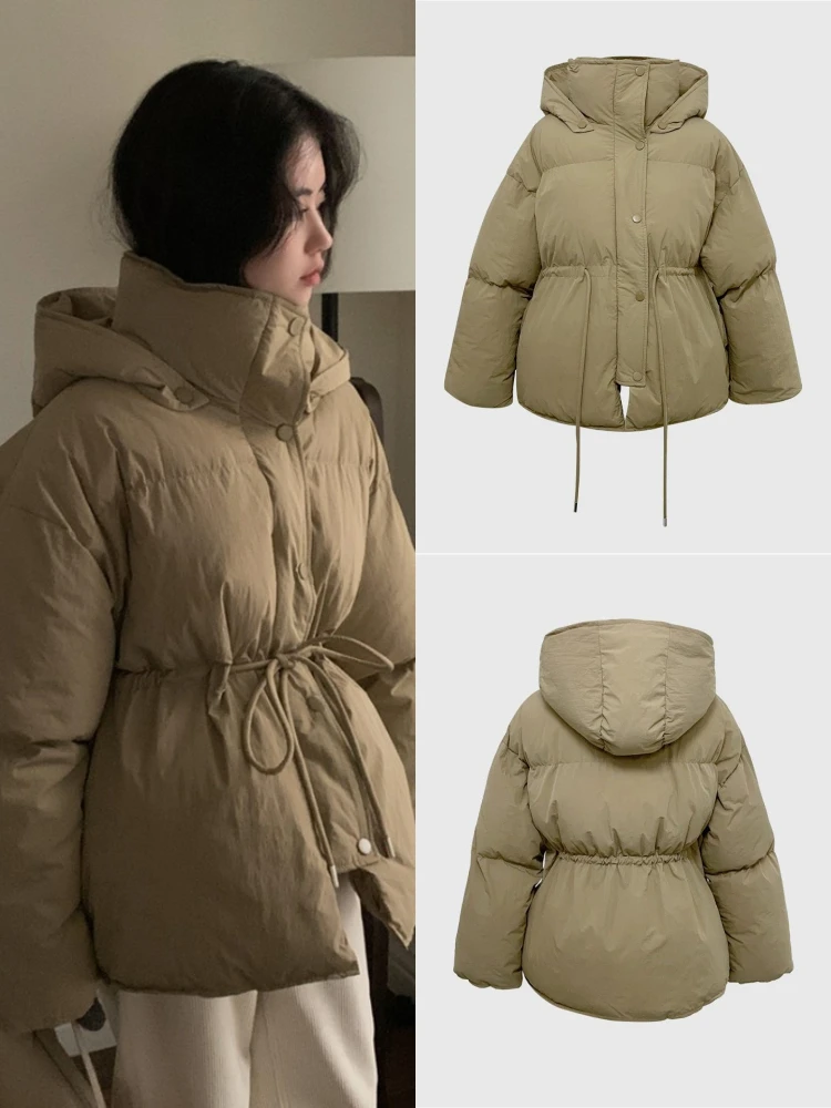 دافئ Dstring الخصر مقنعين القطن Jaet ort المرأة Sle خمر العصرية تخفيف طويل Sve سستة معطف لون نقي