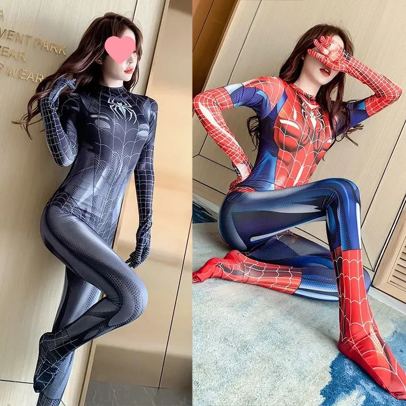 Spiderman Cosplay seksowne body Zentai dla kobiet dziewczynki kombinezon czarny Spider man przebranie na karnawał Halloween karnawałowa sukienka na imprezę